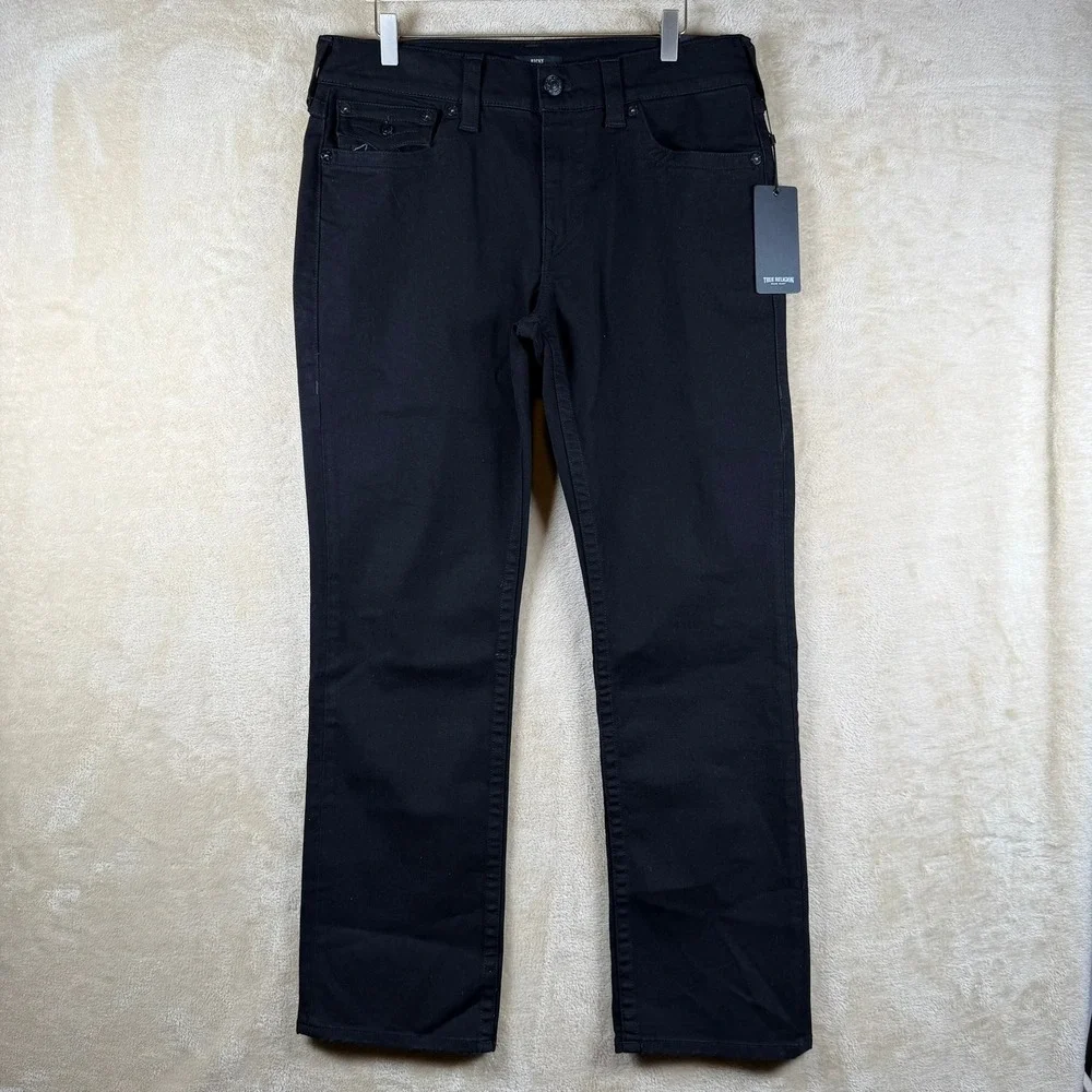 True Religion NWT Ricky Relaxed Straight Black Denim Jeans Mens 33X32